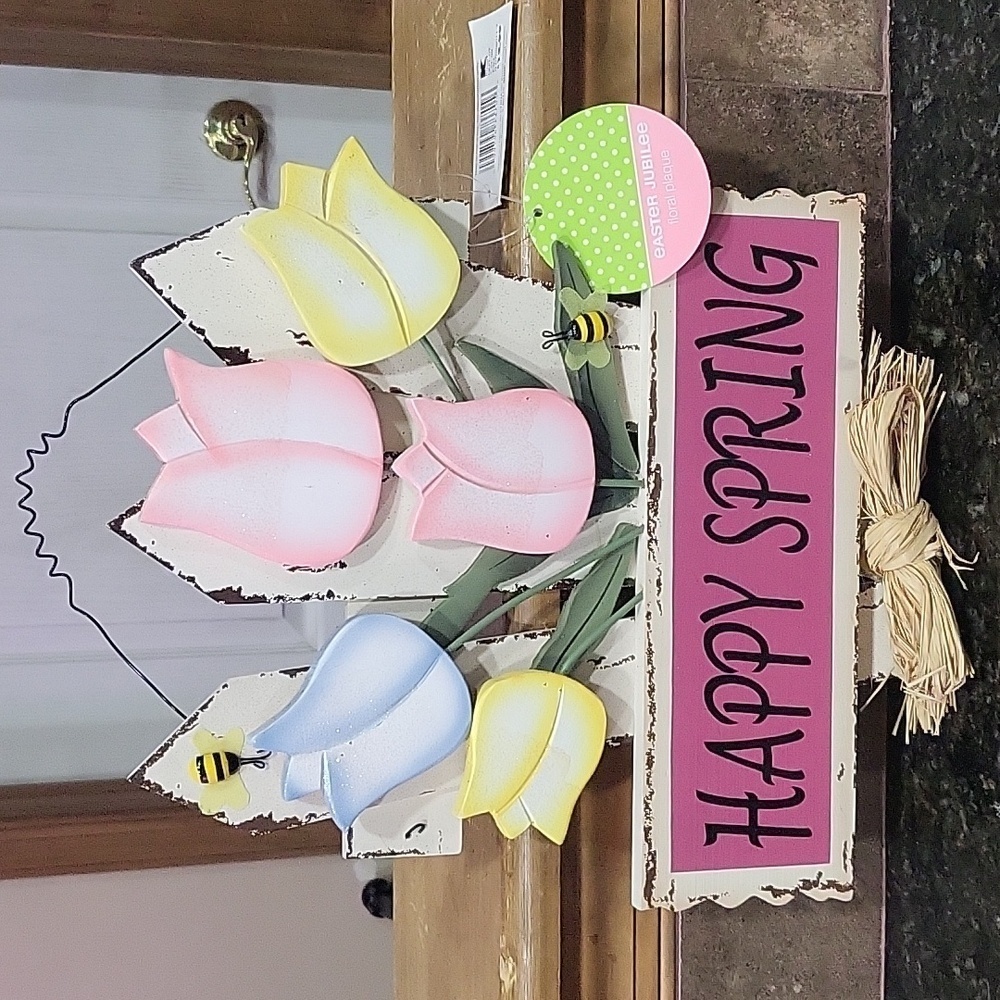 Happy Spring Door Hanger with Tulip Flower  Front Door Sign